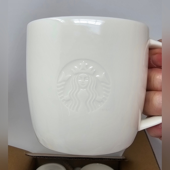 Starbucks New 8 oz White Embossed Siren Mermaid Logo Coffee Cups 2010 Set NIB - Picture 3 of 10